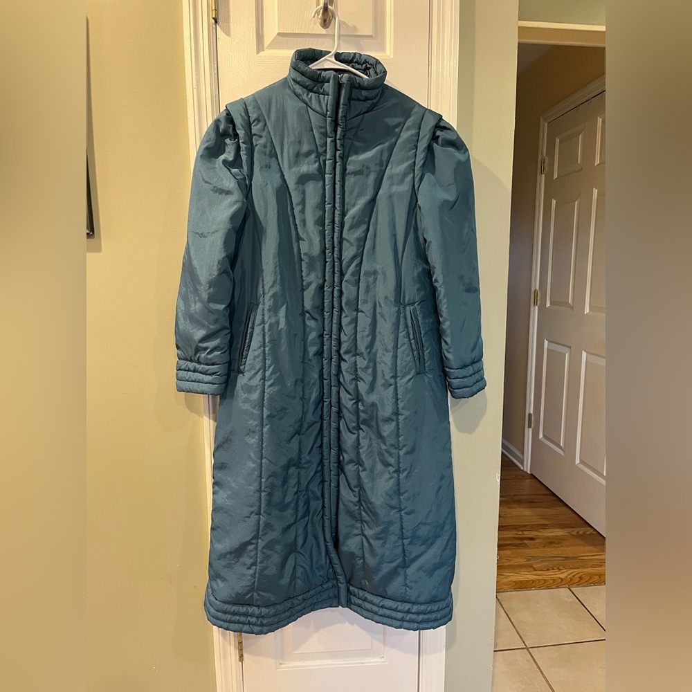Vintage Mulberry Street Teal Puffer Coat - Retro 80s Puff Sleeve Maxi Jacket M/L - Picture 3 of 10